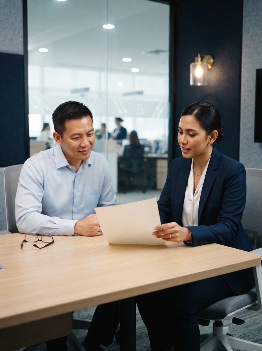 Credit officer discussing loan terms with a client across a desk
