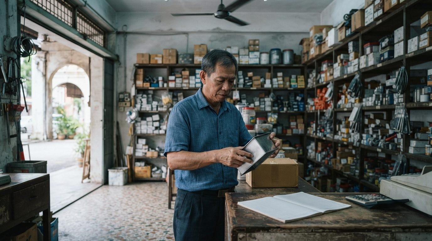 Small business owner at the counter of a local shop